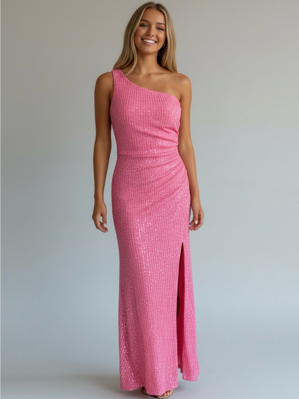 Midnight Doll Pink Neon Sequin One Shoulder Ruched Gown with High Slit